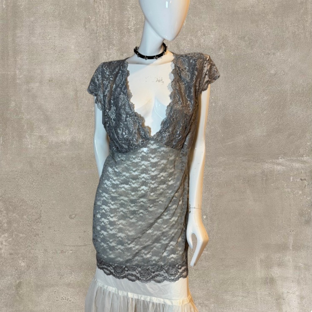 Grey Lace Plunge Mini Dress / Long Lace Top Size L/XL